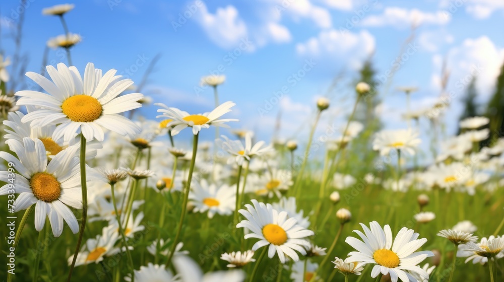 Chamomile on a background of green grass.A white flower. A sunny, bright day.