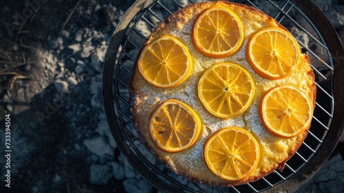  a close up of a cake on a grill with orange slices on top of the cake and a few other slices of oranges on the top of the cake.