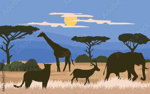 Illustration of landscape with animals in the savannah.Vector illustration