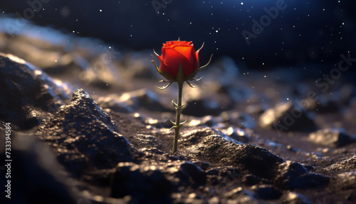 Recreation of a red rose in the ground of a moon or asteroid photo