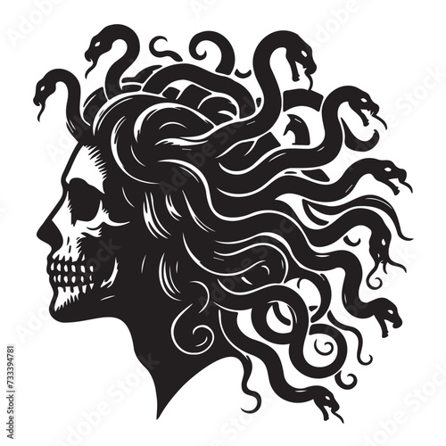 Head of a gorgon jellyfish in the form of a skull, tattoo design vector drawing, black silhouette on a transparent background, print for stencil