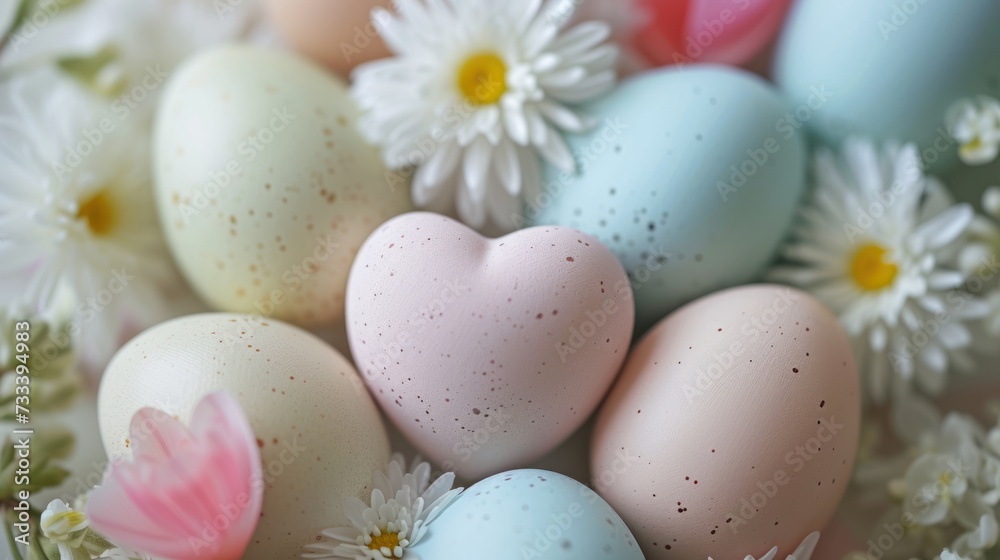  a close up of a bunch of eggs in a bowl with daisies and daisies on the side of the eggs and a heart in the middle of the eggs.