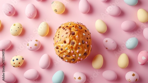  a doughnut with sprinkles on a pink surface surrounded by pastel colored eggs and speckled chocolate chip holes on the top of the doughnut.