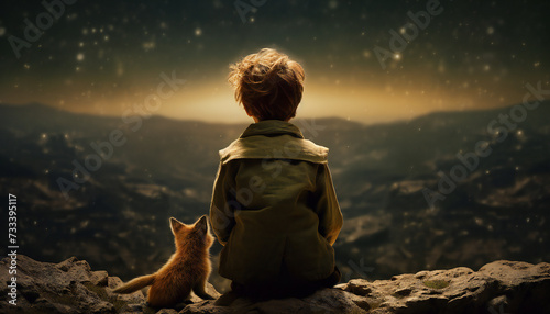 Recreation of a little boy and a little fox from back staring the night from a hill photo