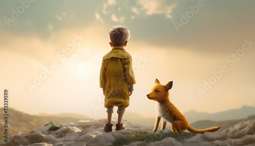 Recreation of a little boy and a little fox watching the sunset photo
