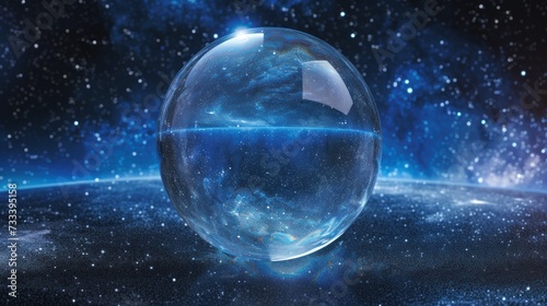  a glass ball floating in the middle of a space filled with stars and a blue sky filled with lots of stars, with a black background of blue and white stars.