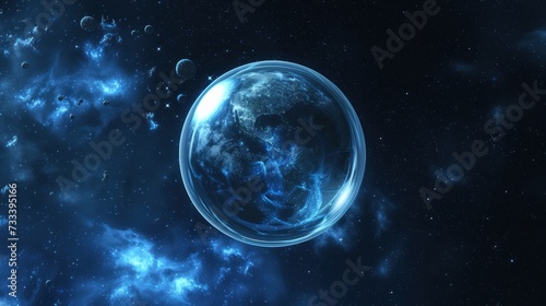  an image of a space scene with a planet in the foreground and a group of planets in the background with stars and clouds in the middle of the sky.