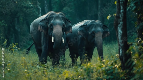  a group of elephants walking through a lush green forest filled with tall grass and trees, with one elephant facing the camera and the other one in the same direction of the same direction. photo