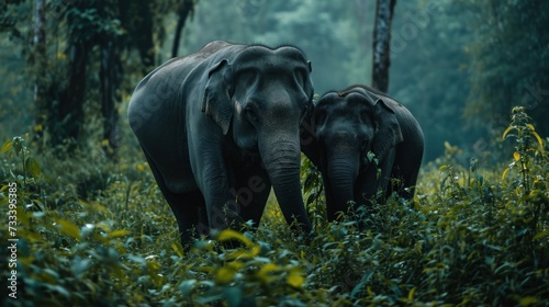  a couple of elephants walking through a lush green forest filled with trees and bushes in front of a forest filled with lots of tall green trees and yellow and green leaves.