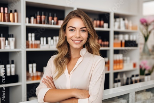 Beauty consultant smiling in a cosmetics shop