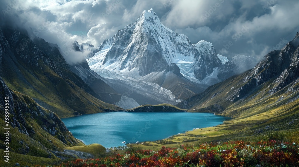  a painting of a mountain range with a lake in the foreground and wildflowers in the foreground, with a cloudy sky and clouds in the background.