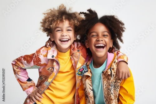 Cheerful kids in colorful outfits laughing together.