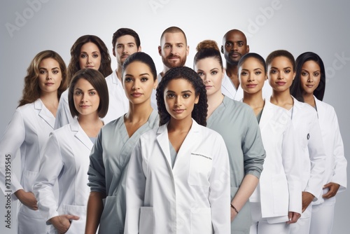 Diverse medical team in white lab coats standing together.