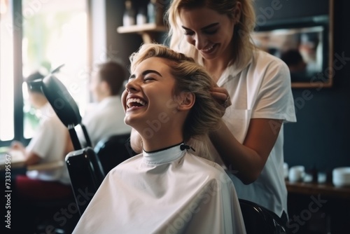 Joyful woman getting a haircut at a salon.
