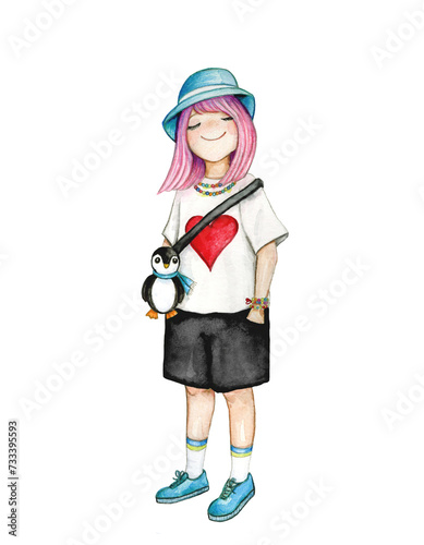 Cute smiling child girl in sun hat panama wearing penguin bag, stylish sportswear, t-shirt with heart, love and peace symbol on white background. Watercolor hand-drawn colourful illustration.