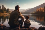 Joyful father teaching son to fish at a tranquil lake