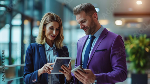 two professional happily engaging in a conversation, with one holding a laptop, in a bustling office environment