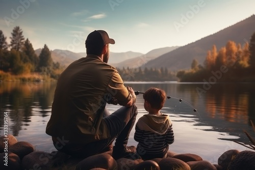 Joyful father teaching son to fish at a tranquil lake photo