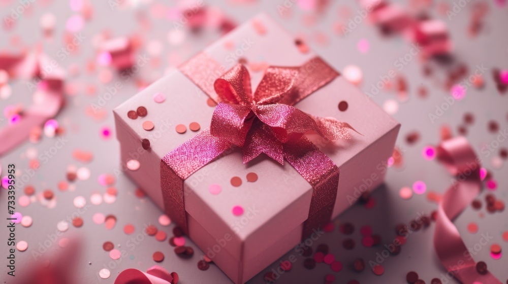  a pink gift box with a pink bow on it surrounded by pink confetti and streamers of pink and pink confetti on a light pink background.