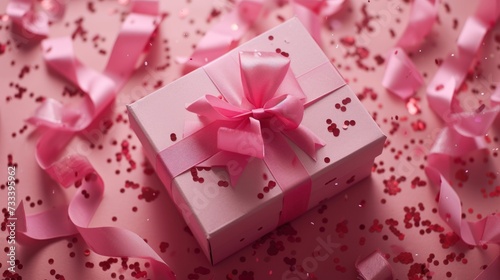  a pink gift box with a pink bow on a pink background with pink confetti and streamers of pink and red confetti scattered on the floor.