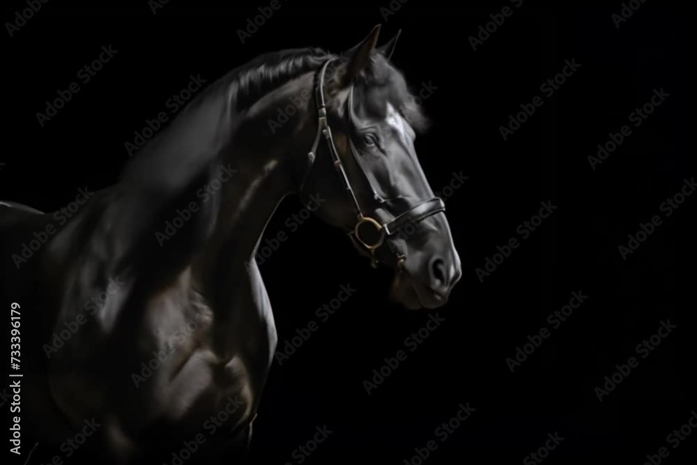 Beautiful black horse horse with long mane fluttering in the wind, contrast light black background horizontal video Beautiful black horse horse with long mane fluttering in the wind, contrast light black background horizontal video