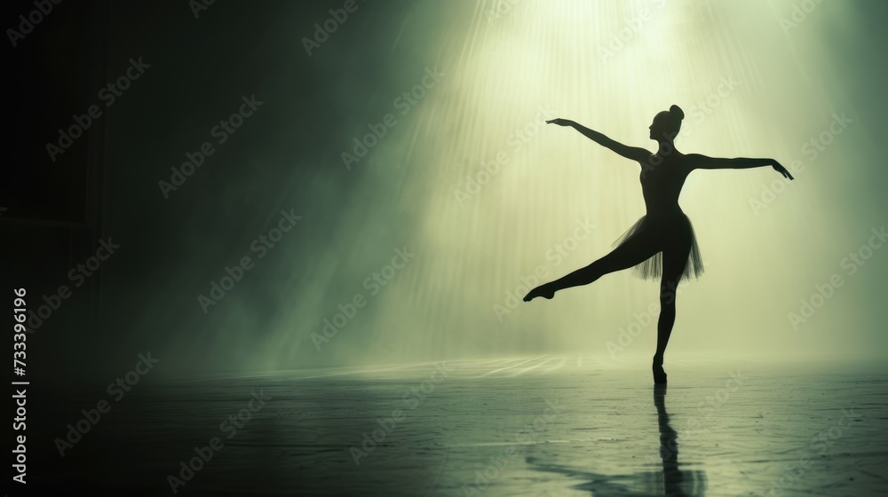  a ballerina standing in the middle of a dance floor with her arms outstretched in front of her head and arms outstretched in the air, in front of a foggy background.