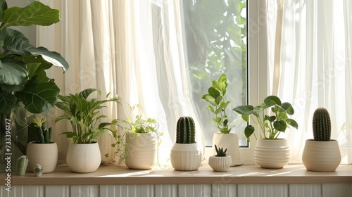  a row of potted plants sitting on top of a window sill next to a window sill with a white curtain and a green plant in the foreground.
