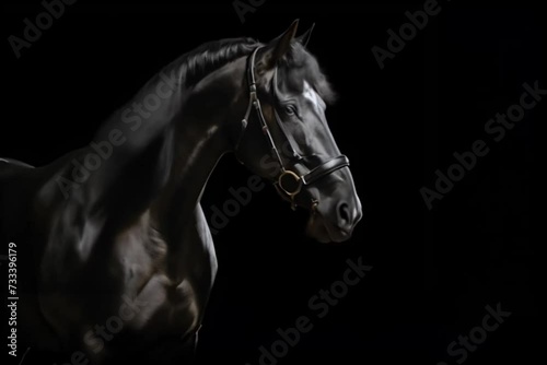 Beautiful black horse horse with long mane fluttering in the wind, contrast light black background horizontal video photo