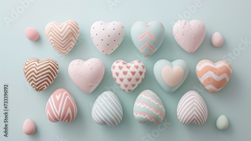  a group of heart shaped candies sitting on top of a blue surface with pink and white candies in the shape of hearts on top of the candies.