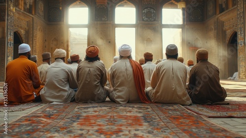 Muslim men sitting from back at the mosque for jummah prayer, Friday prayer of Muslims, Ramadan Eid moment photo