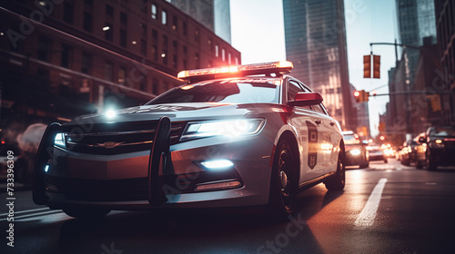 Close up photo of a police car in a big city. photo