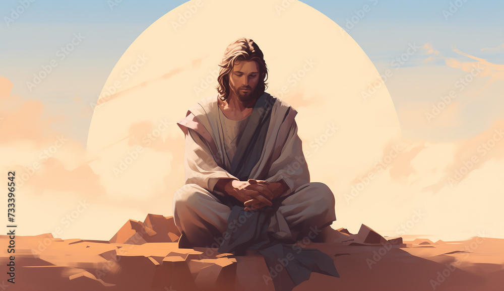 Ilustration of Jesus sitting by the cross. - obrazy, fototapety, plakaty 