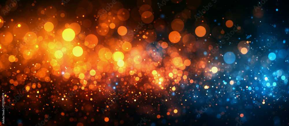 abstract banner with creative unfocused gold and blue lights on a dark background