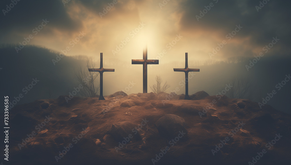 Cross on the field. Foggy cloudy sunset. Cross on the field. Foggy cloudy sunset.