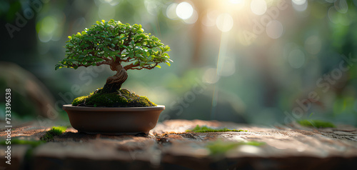 traditional bonsai tree on a wooden oak table