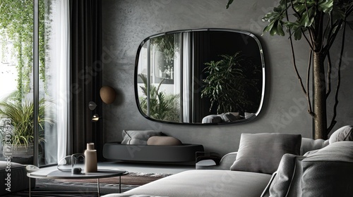  a living room filled with furniture and a large round mirror on the wall above a coffee table and a plant in a pot on top of a coffee table next to a couch.