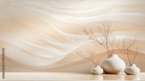  three white vases sitting on a table in front of a wall with a painting of a mountain and a tree in the middle of the vase, and a few bare branches in the foreground.