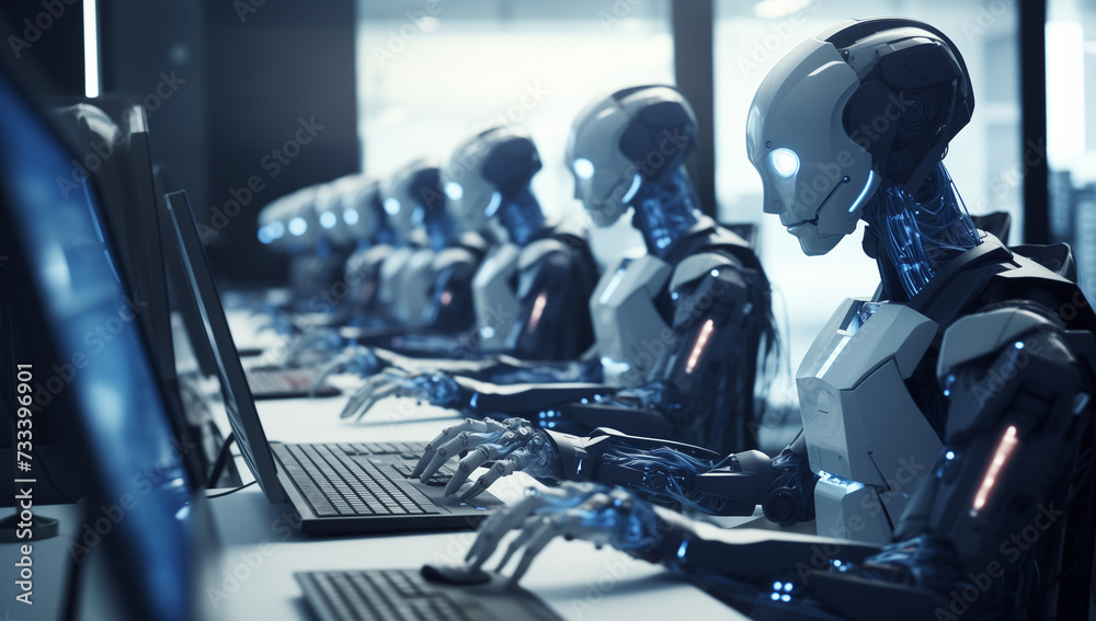Group of robots working on computer. artificial intelligence concept.