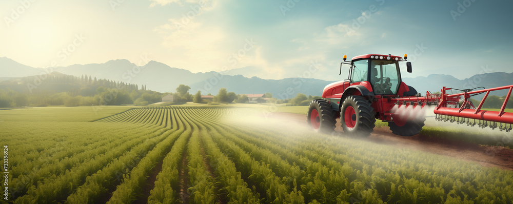 Farming tractor spraying crops in a field. - obrazy, fototapety, plakaty 