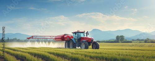 Farming tractor spraying crops in a field.