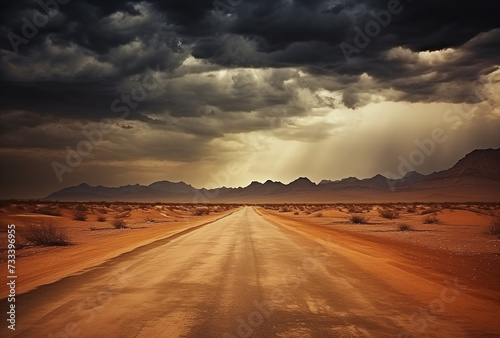 Long road in the desert. Storm clouds at the horizon.