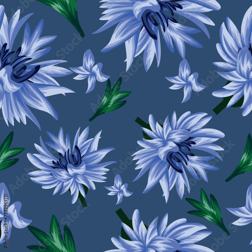 seamless, floral pattern of open cornflower buds, cornflower petals and green leaves, for textile, holiday cards or packaging