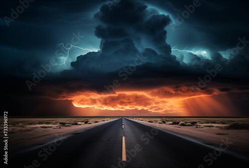 Long road in the desert. Storm clouds at the horizon.