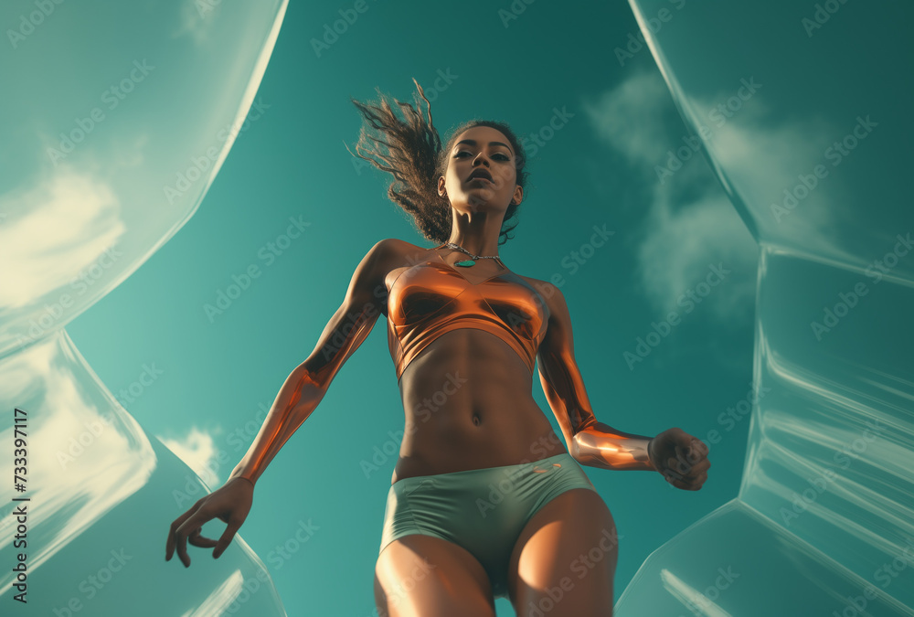 low angle shot of athletic dark skin woman in futuristic swin suit
