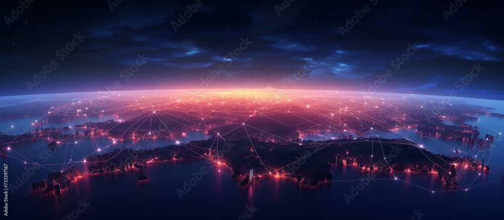 Earth is surrounded by blue luminous network. Global network background. Future. Internet and technology
