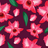 seamless floral pattern of open pink orchid buds and green leaves on pastel background, for textile, holiday cards or packaging
