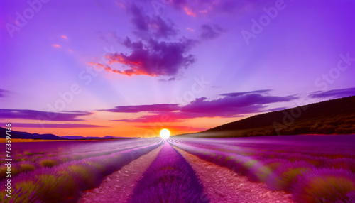Meditative sunset over lavender fields, casting gentle purple hues and soft shadows. A serene, natural portrait embodying tranquility. Generative AI.