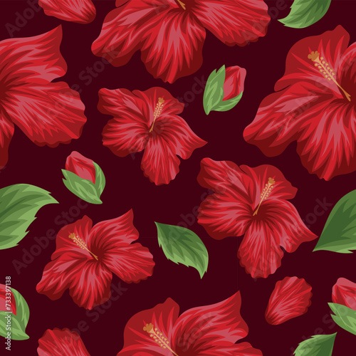 Fototapeta Naklejka Na Ścianę i Meble -  seamless floral pattern of open buds of red mallows and green leaves on a pastel background, for textile, holiday cards or packaging