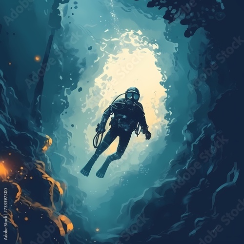 Underwater Explorer Descending into the Depth of a Sunlit Ocean Crevice