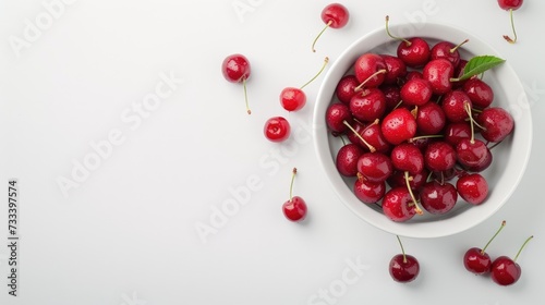 Cherries in a white bowl, a vibrant display of healthy eating and nutritious food concept against a clean white background photo